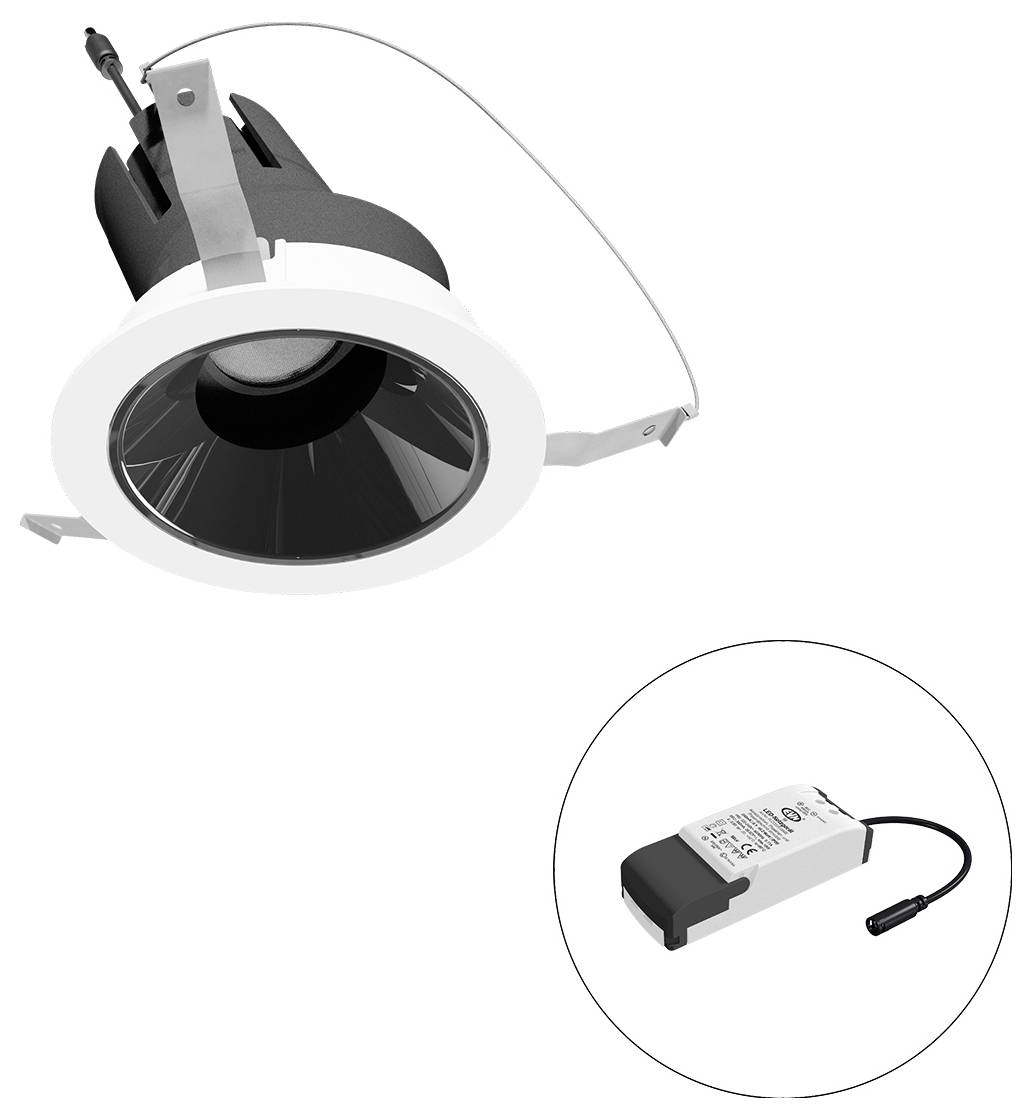 Eingebaute Downlight-Leuchte mit separatem LED-Treiber, dargestellt in einem Inset-Kreis.