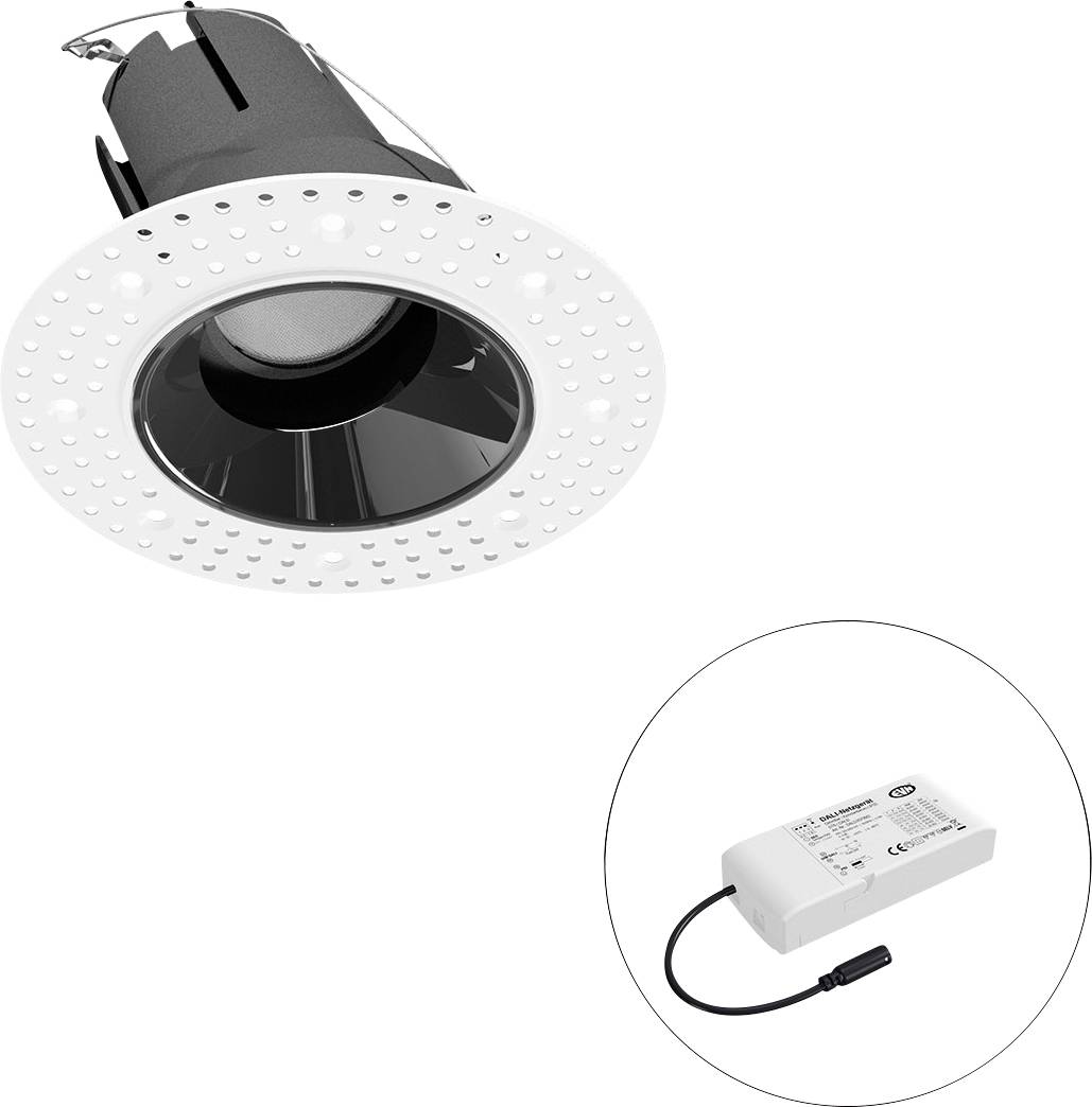 Eingelassene LED-Downlight mit weißem perforiertem Rand und separatem Treiber, dargestellt in einem Insetkreis.