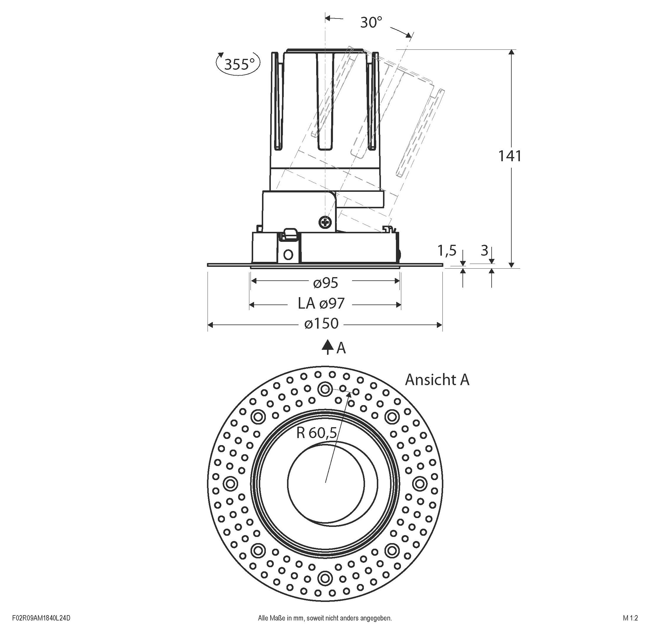 Technische Zeichnung eines kreisförmigen Maschinenteils mit Seiten- und Draufsicht, die Abmessungen zeigt, einen Winkel von 30°, eine Drehung von 355° sowie Durchmesserbezeichnungen wie ø95, LA ø97 und ø150.