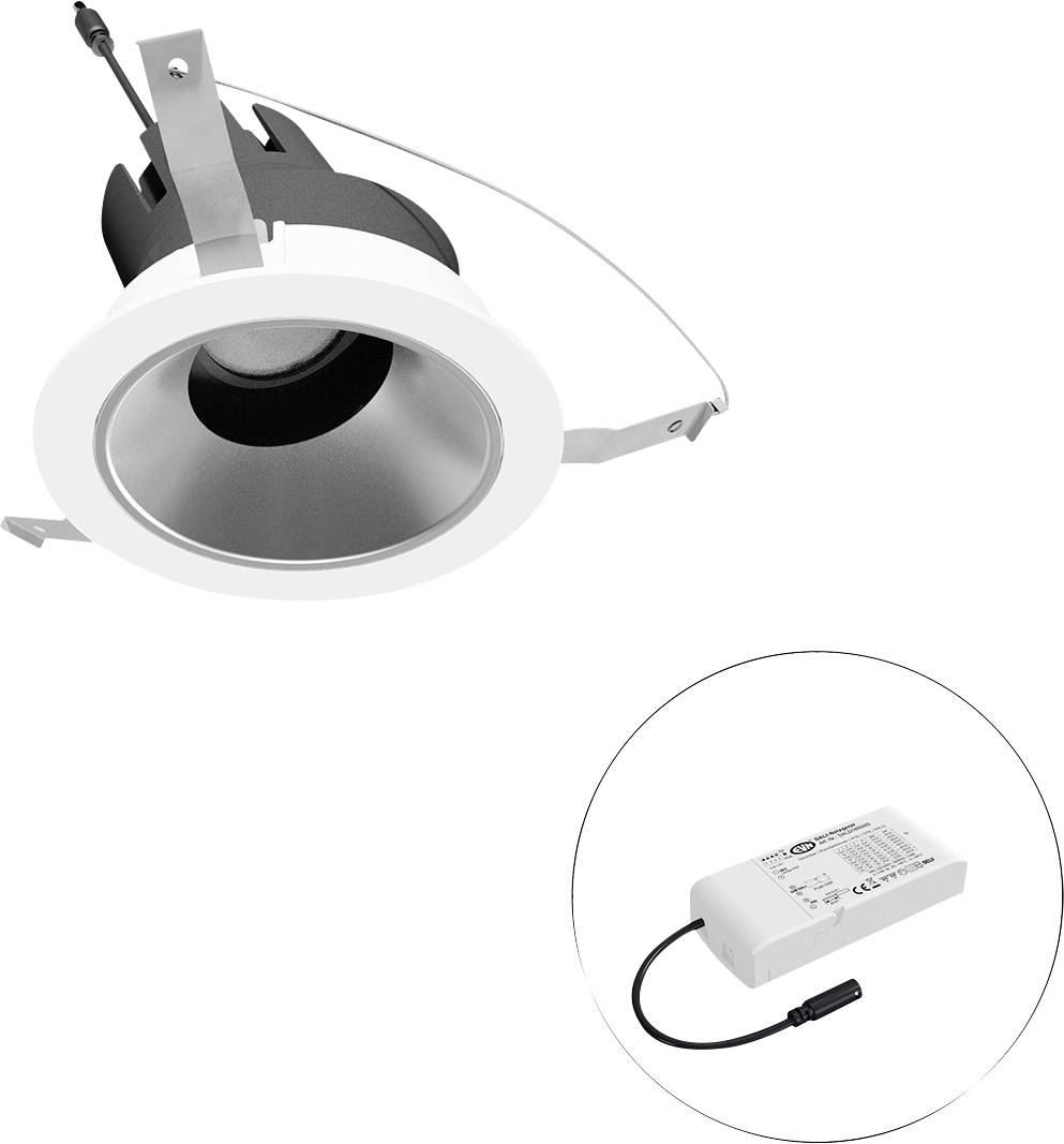 Eingelassene LED-Einbauleuchte mit Federclips, dargestellt mit separater Treiberstromangebung im Inset.