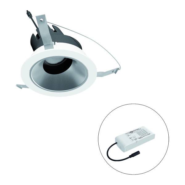 Einbau-Downlight mit rundem Rahmen und separatem Netzteil, geeignet für innenarchitektonische Beleuchtung.