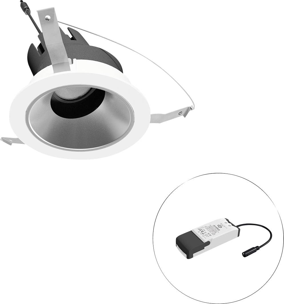 Eingebauter Deckeneinbauleuchte mit separatem LED-Treiber, dargestellt in einem Insetkreis.