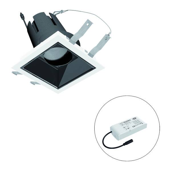 Einbau-LED-Spotlight mit quadratischer Blende und externem LED-Treiber. Geeignet für Deckeneinbau in modernen Innenräumen.