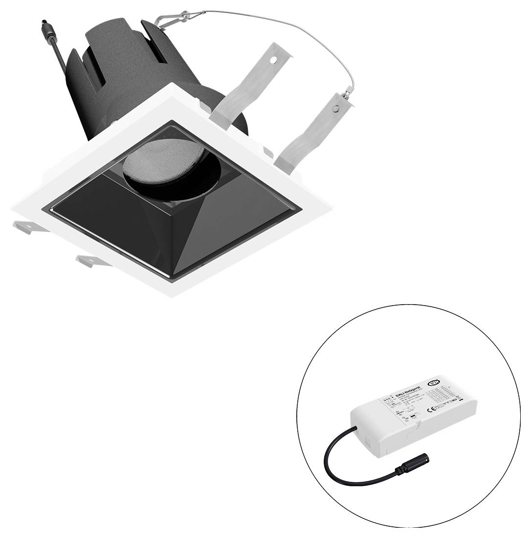 Flache quadratische Deckenleuchte mit schwarzem Rahmen und verstellbaren Federklemmen, dargestellt mit separatem LED-Treiber/Stromversorgung in einem Kreisinset.