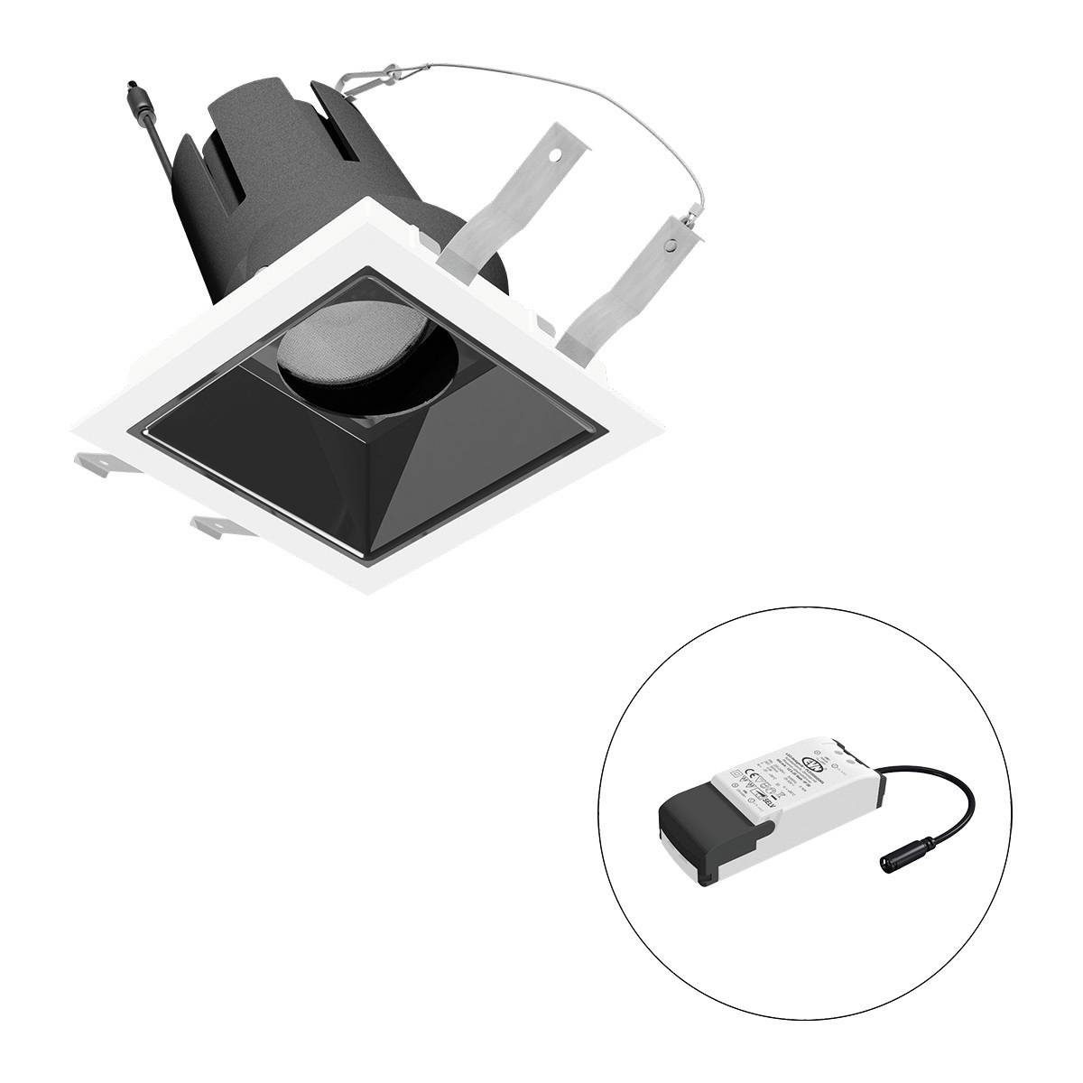 Einbauleuchte mit quadratischem, schwarzem Inneren und zwei Befestigungsklammern. Daneben ein ovaler Transformator abgebildet.