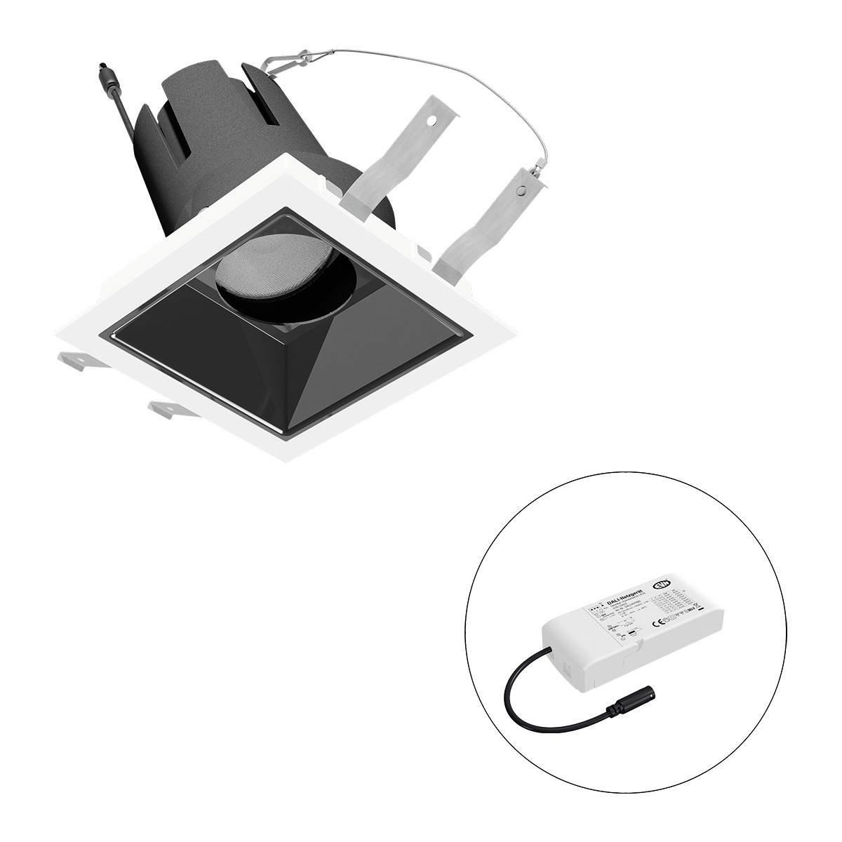 Einbau-LED-Spotlicht mit quadratischem Rahmen und schwarzer Linse, daneben ein separat abgebildeter Stromadapter.