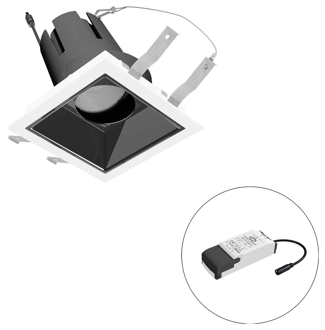 Quadratische Einbaudeckenleuchte mit schwarzem Reflektor und Blende, dargestellt mit separatem LED-Treiber/Netzteil in einer kreisförmigen Vergrößerung.