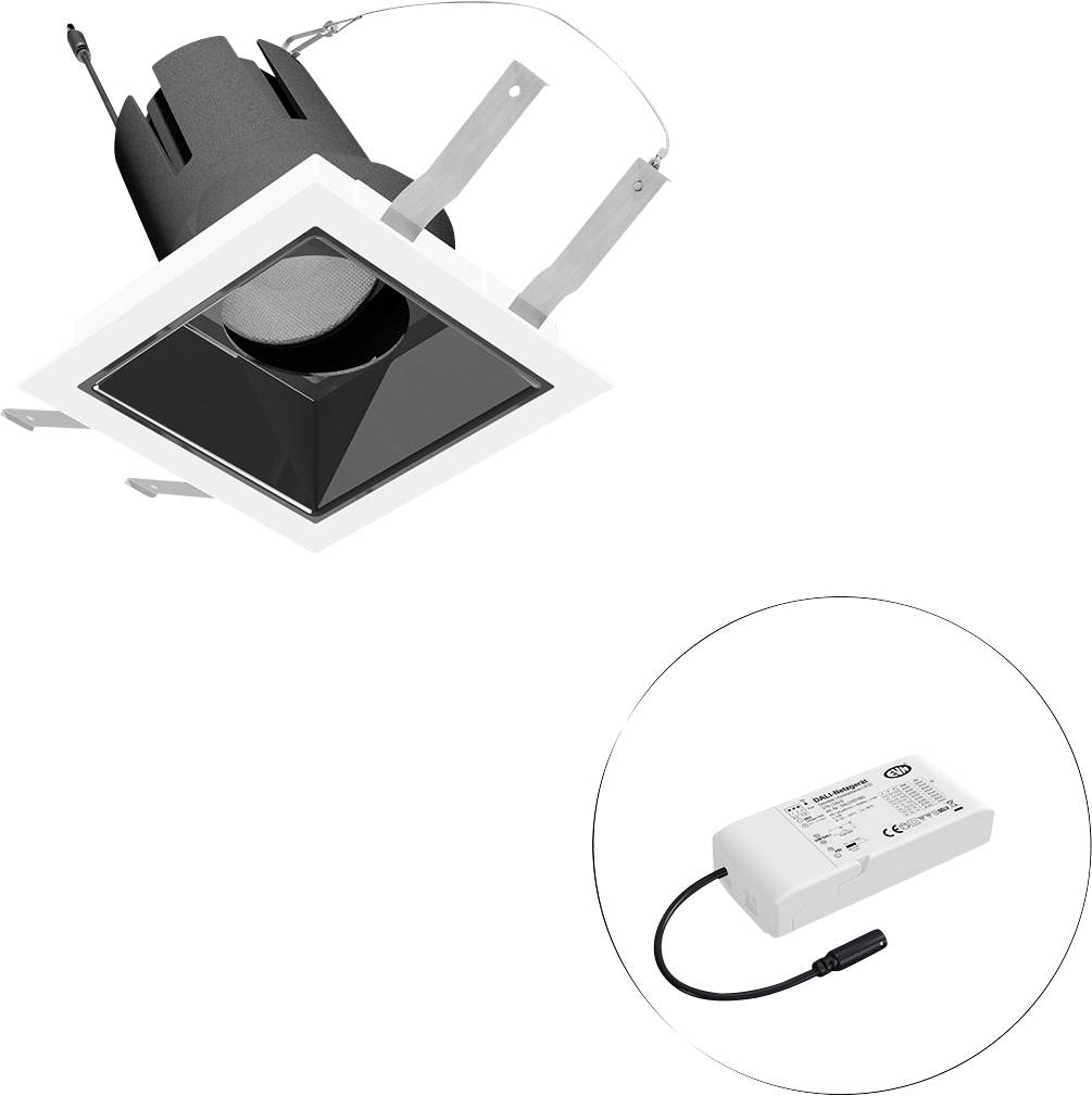 Quadratische Einbauleuchte mit Blende und angeschlossenem Treibernetzteil, dargestellt in einer kreisförmigen Vergrößerung.