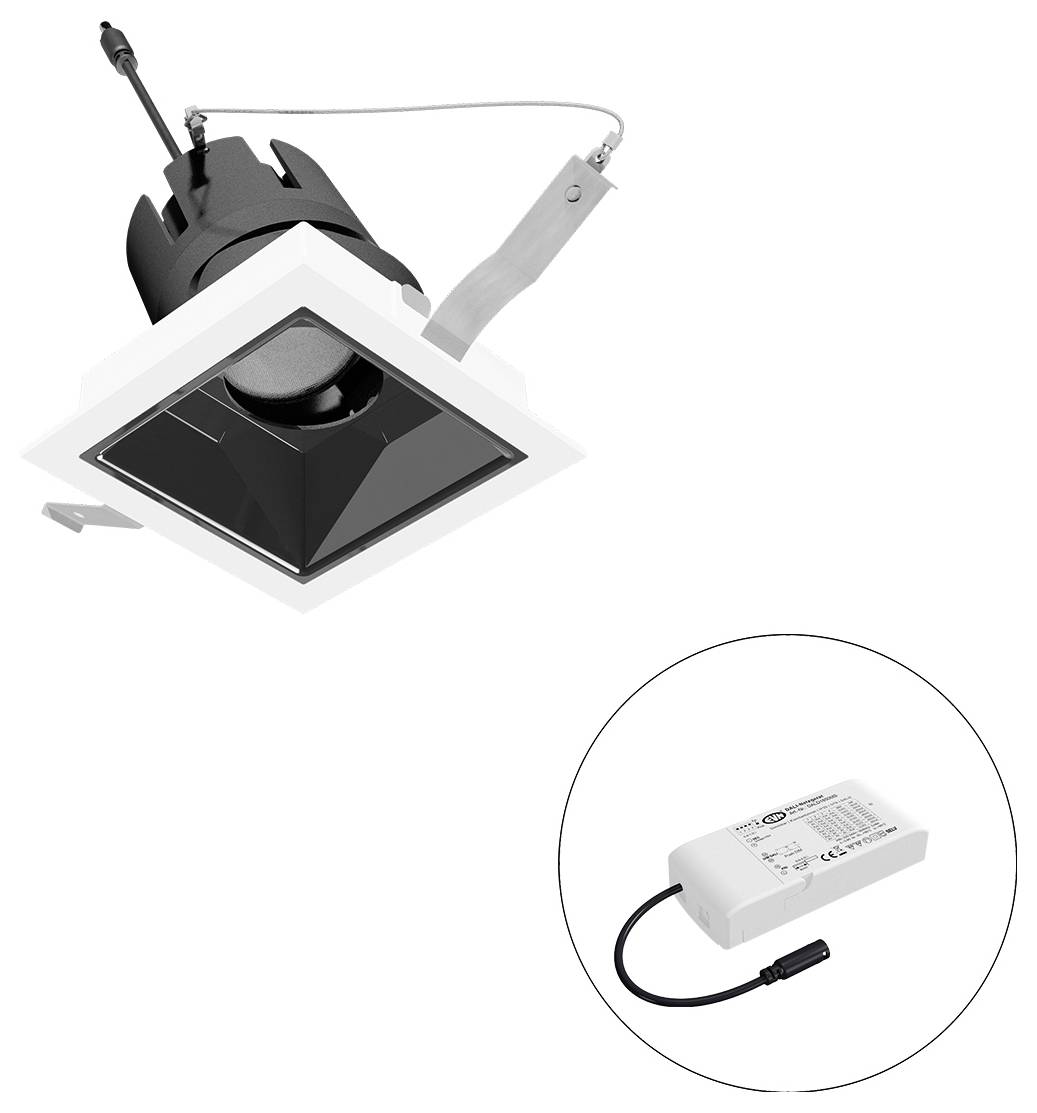 Quadratischer, bündiger Deckenspot mit verstellbarer Halterung, dargestellt mit separatem LED-Treiber in einem Kreisinset.