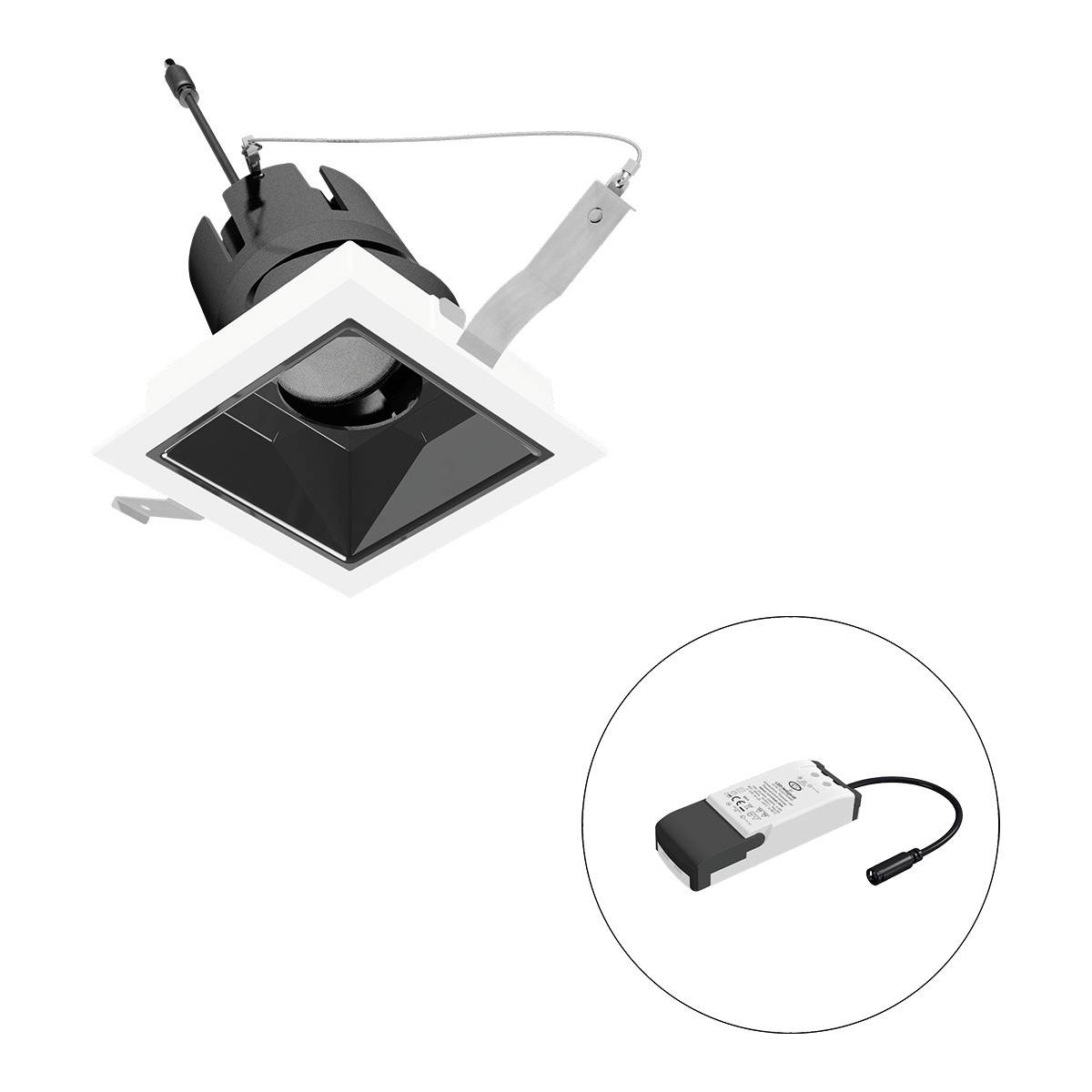 Einbaustrahler in quadratischer Form mit schwarzem Inneren und externem Transformator