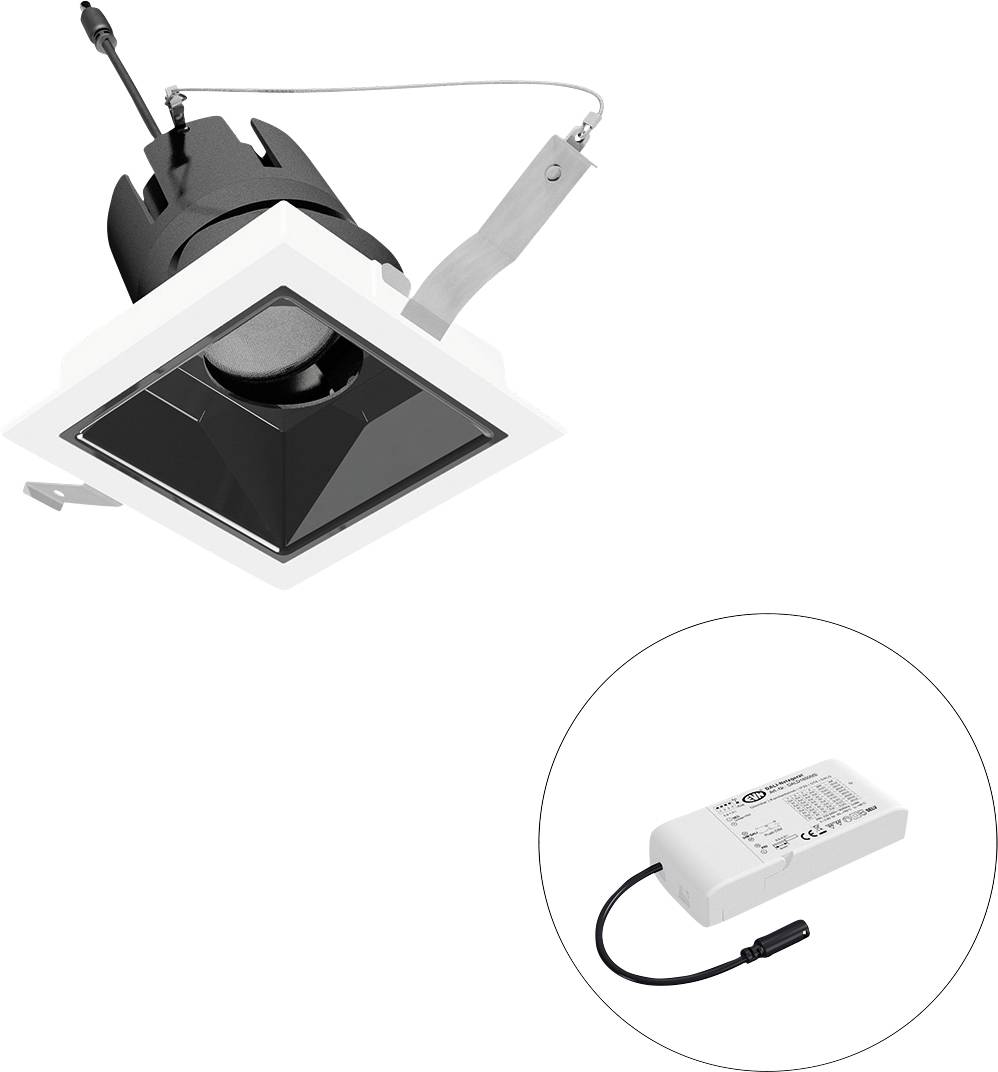 Eingebauter quadratischer schwarz-weißer Deckenspot mit im Kreis eingeblendetem externem Netzteil.