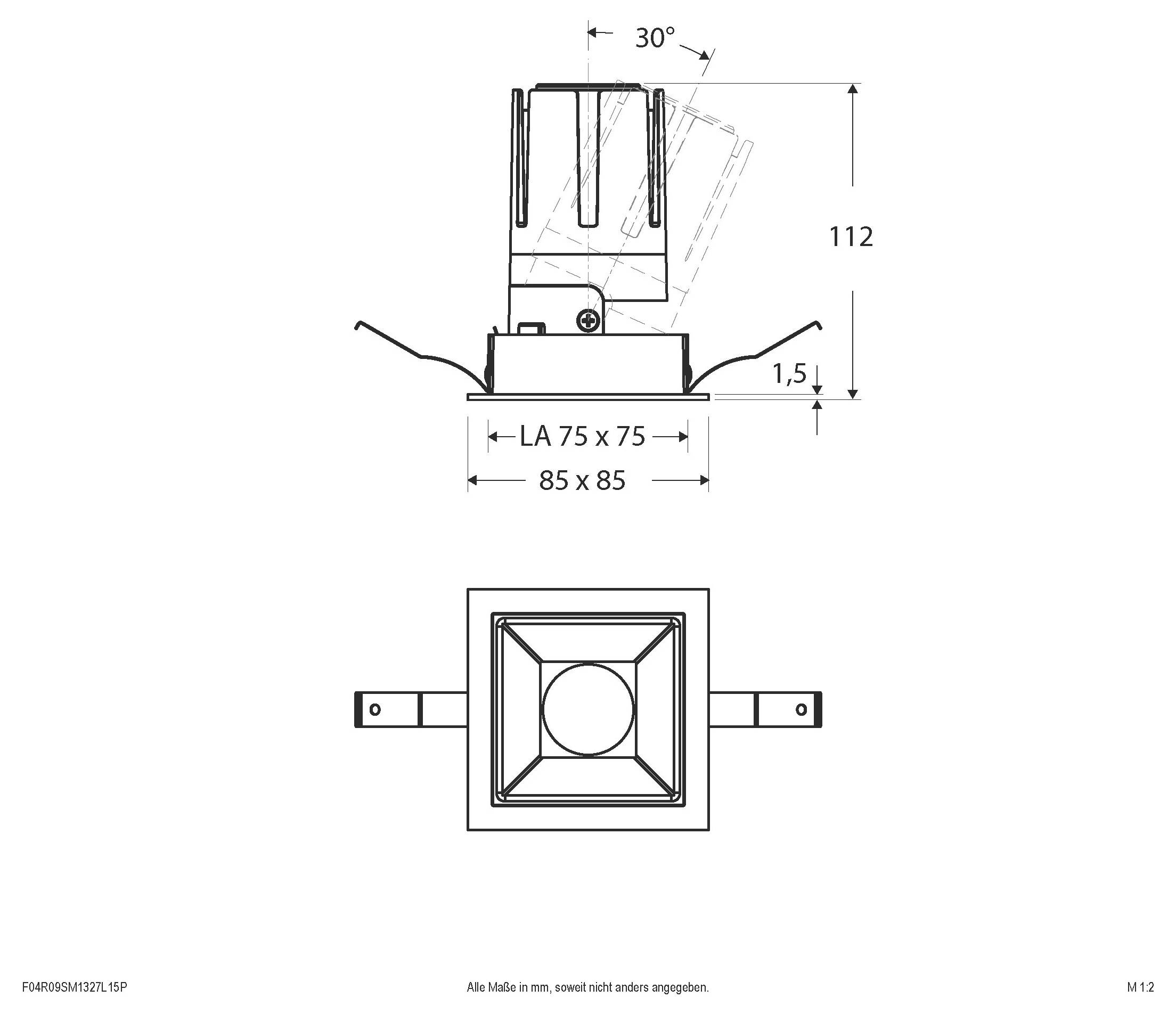 Technische Maßzeichnung einer zylindrischen Komponente, dargestellt in Seiten- und Draufsicht mit Abmessungen, einschließlich 355° Drehung, 30° Winkel, 185 Höhe und Durchmessern von 147 und 233 mm.