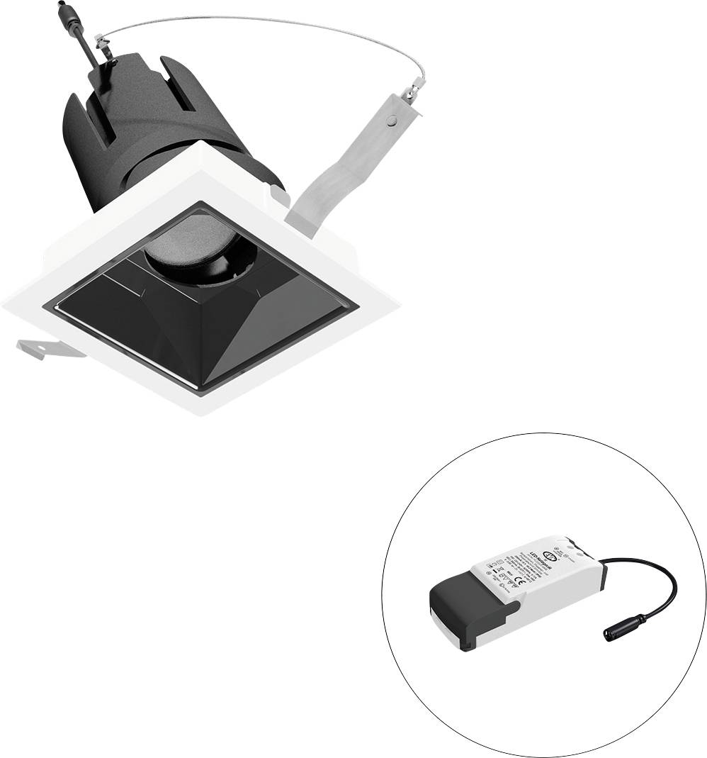 Einbau-LED-Spot in Schwarz-Weiß, separater LED-Treiber. Rechteckiges Design, spezieller Montagehaken. Ideal für moderne Beleuchtung.