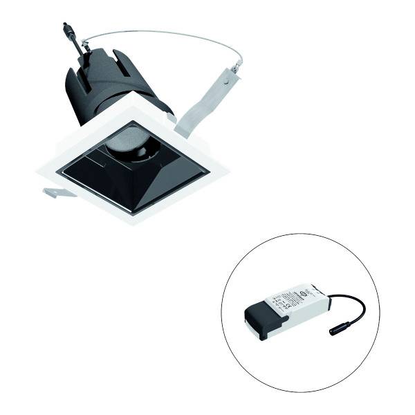 LED-Einbaustrahler mit quadratischem Rahmen, schwarzem Innenreflektor und separatem Treiber. Geeignet für Deckenmontage.
