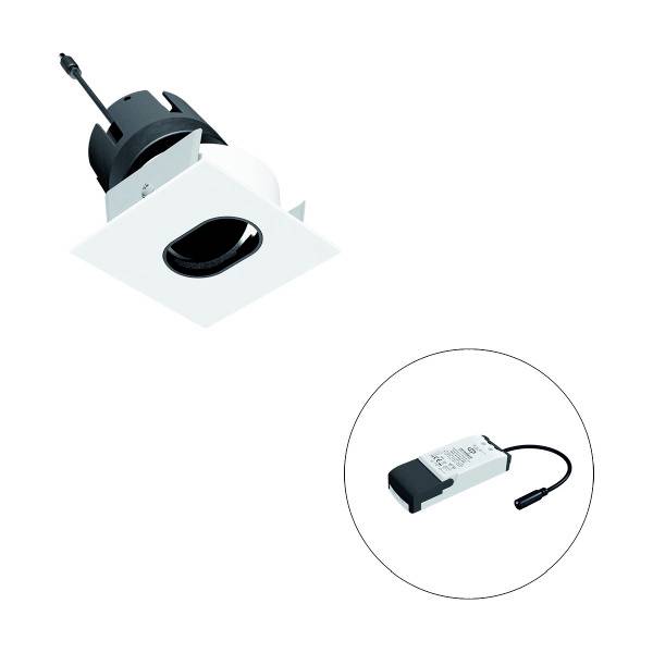 Einbau-LED-Leuchte mit rechteckigem Gehäuse, schwarzem Innenbereich, weißem Rahmen und Kabel. Separater Treiber mit Kabel und Anschluss.