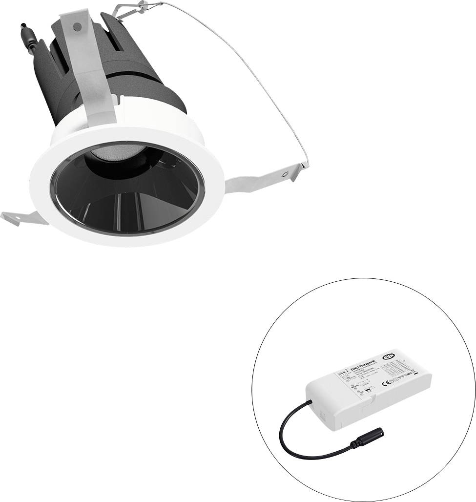 LED-Einbauleuchte mit Federclips und Fernbedienung des Treibers, wie im Ausschnittkreis dargestellt.