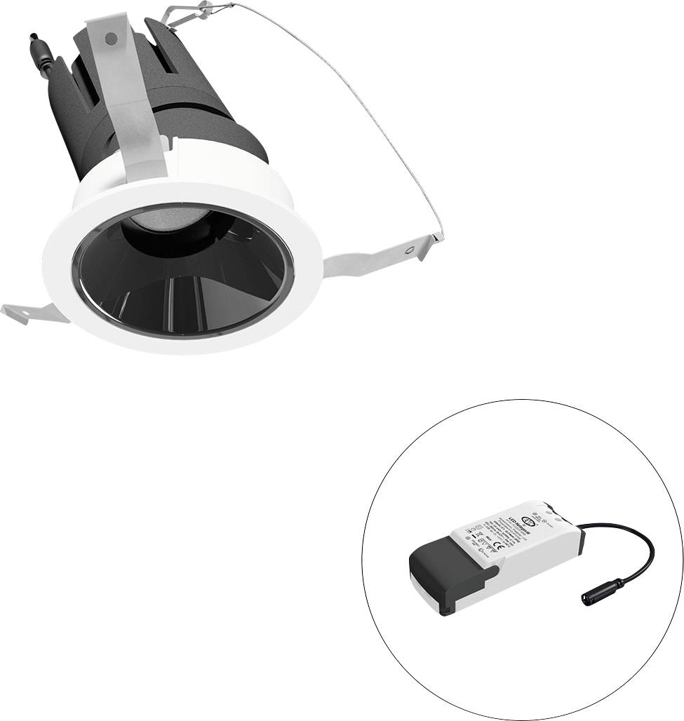 Einbauleuchte mit schwarzem Inneren und separater LED-Fahrerbox, geeignet zur Deckenmontage, ohne weitere Dekoration.