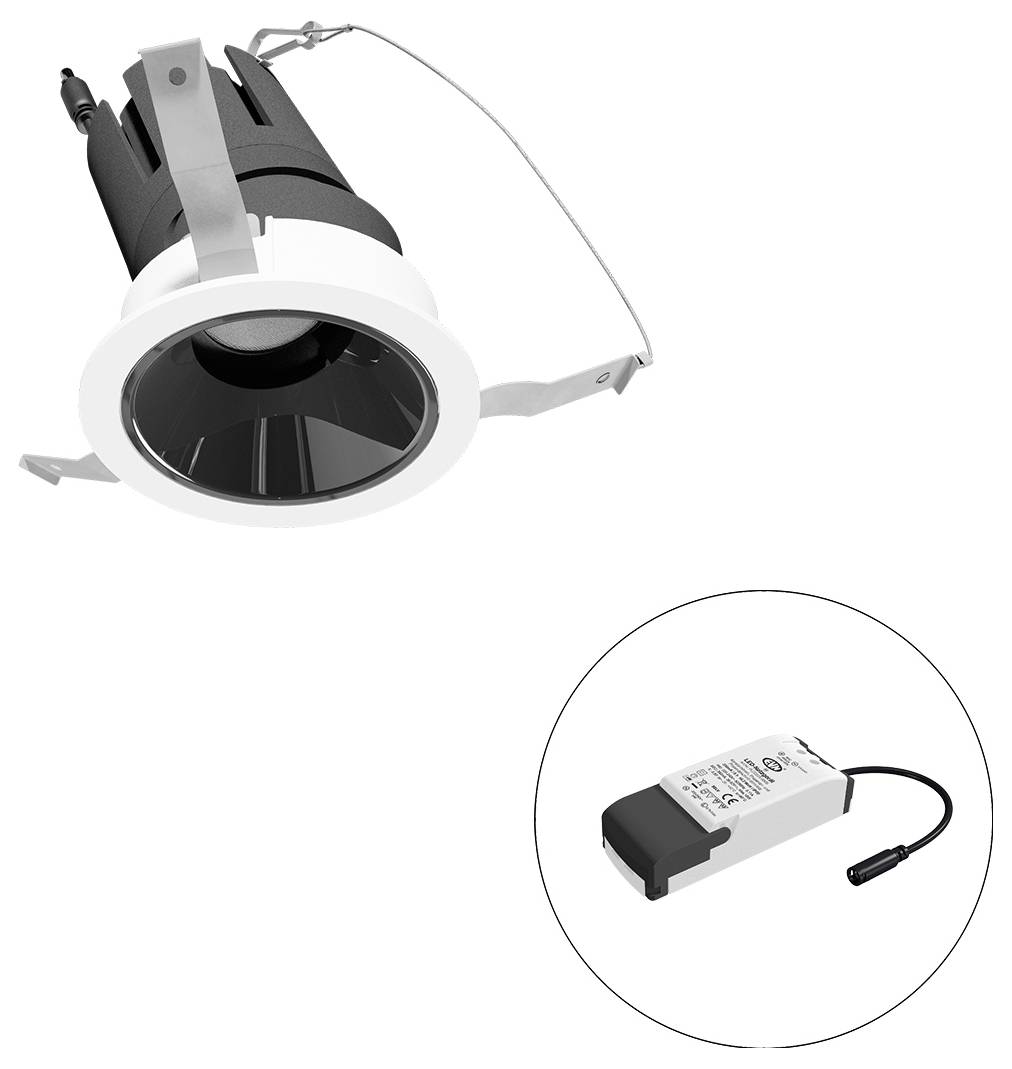 Weiße LED-Einbauleuchte mit externem Treiber, wie in der Vergrößerung dargestellt.