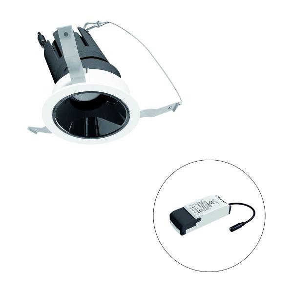 LED-Einbauleuchte mit rundem, schwenkbarem Design und schwarzem Innenreflektor. Enthält einen separaten, rechteckigen Treiber.