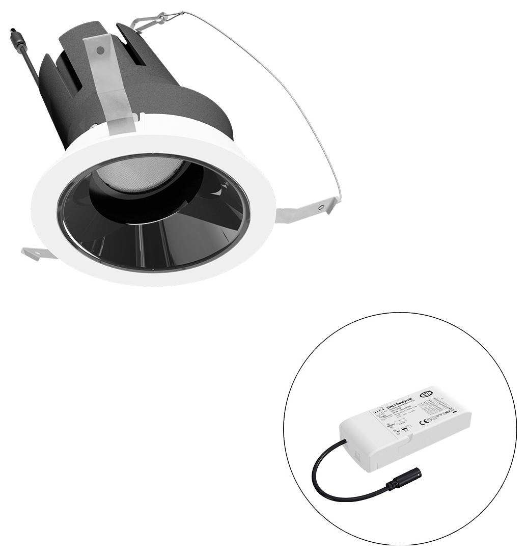 Eingebauter LED-Einbaustrahler mit Federklammern und separater Treibernetzversorgung in einem Insetkreis dargestellt.