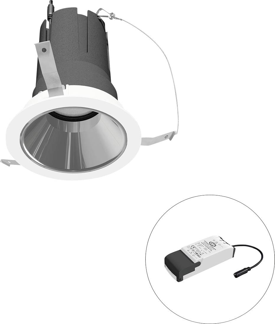 Eingebauter Deckeneinbaustrahler mit separatem Netzteil, dargestellt in einem eingefügten Kreis.