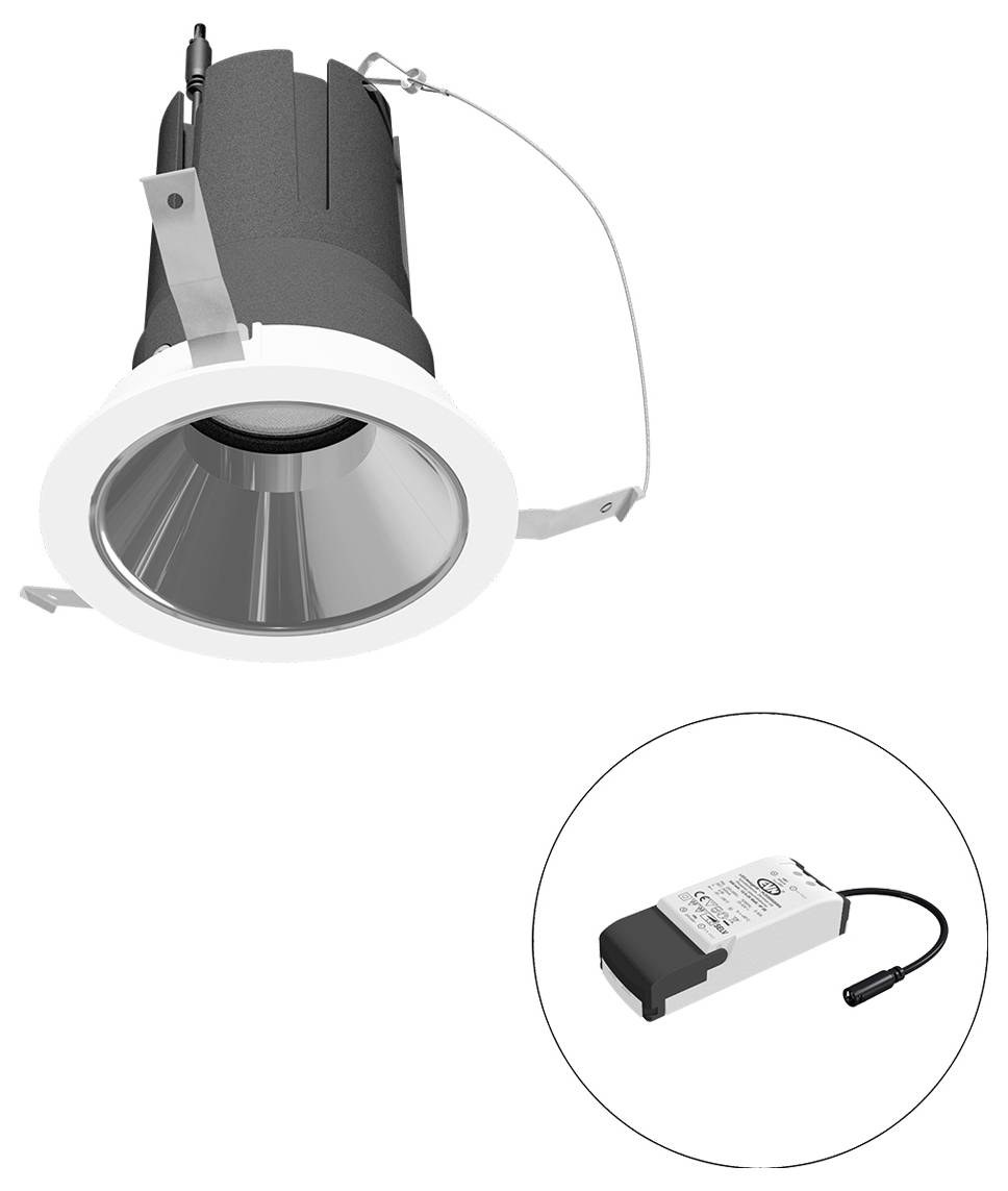 Eingelassene LED-Downlight mit weißem Rand und externem Betriebsgerät in einer kreisförmigen Einfassung dargestellt.