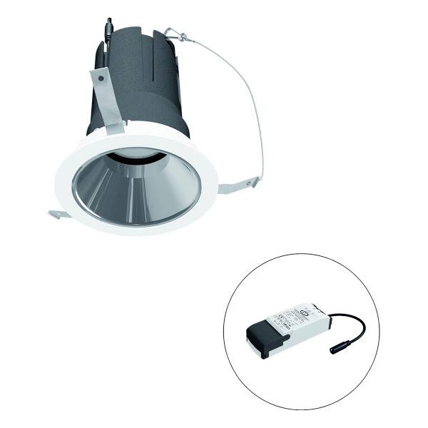 Downlight-Leuchte mit kreisförmigem Aluminiumreflektor und externem LED-Treiber. Geeignet für Deckenmontage, verwendet für Beleuchtung.