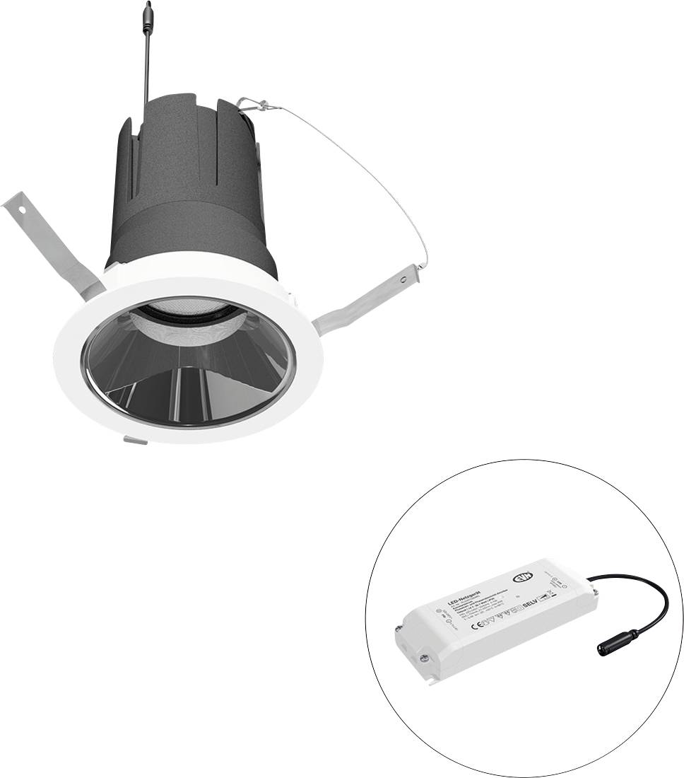 Eingebauter Deckenspot mit weißer Blende und schwarzem Gehäuse, dargestellt mit separatem LED-Treiber in einer kreisförmigen Ausschnittdarstellung.