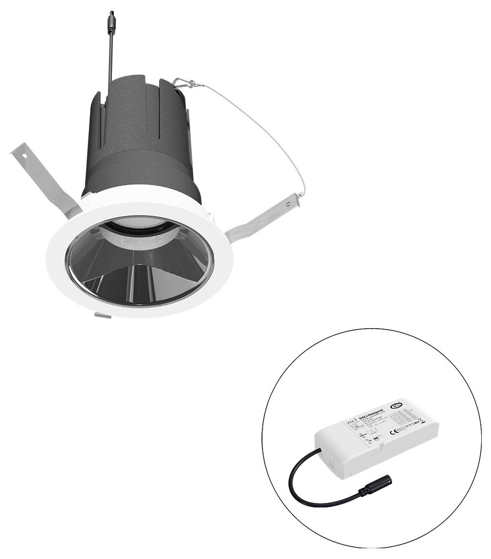 Einbauleuchte für Decke mit weißem Rahmen und schwarzem Reflektor, gezeigt mit Befestigungsfedern und einem separaten LED-Treiber in einer kreisförmigen Einfassung.