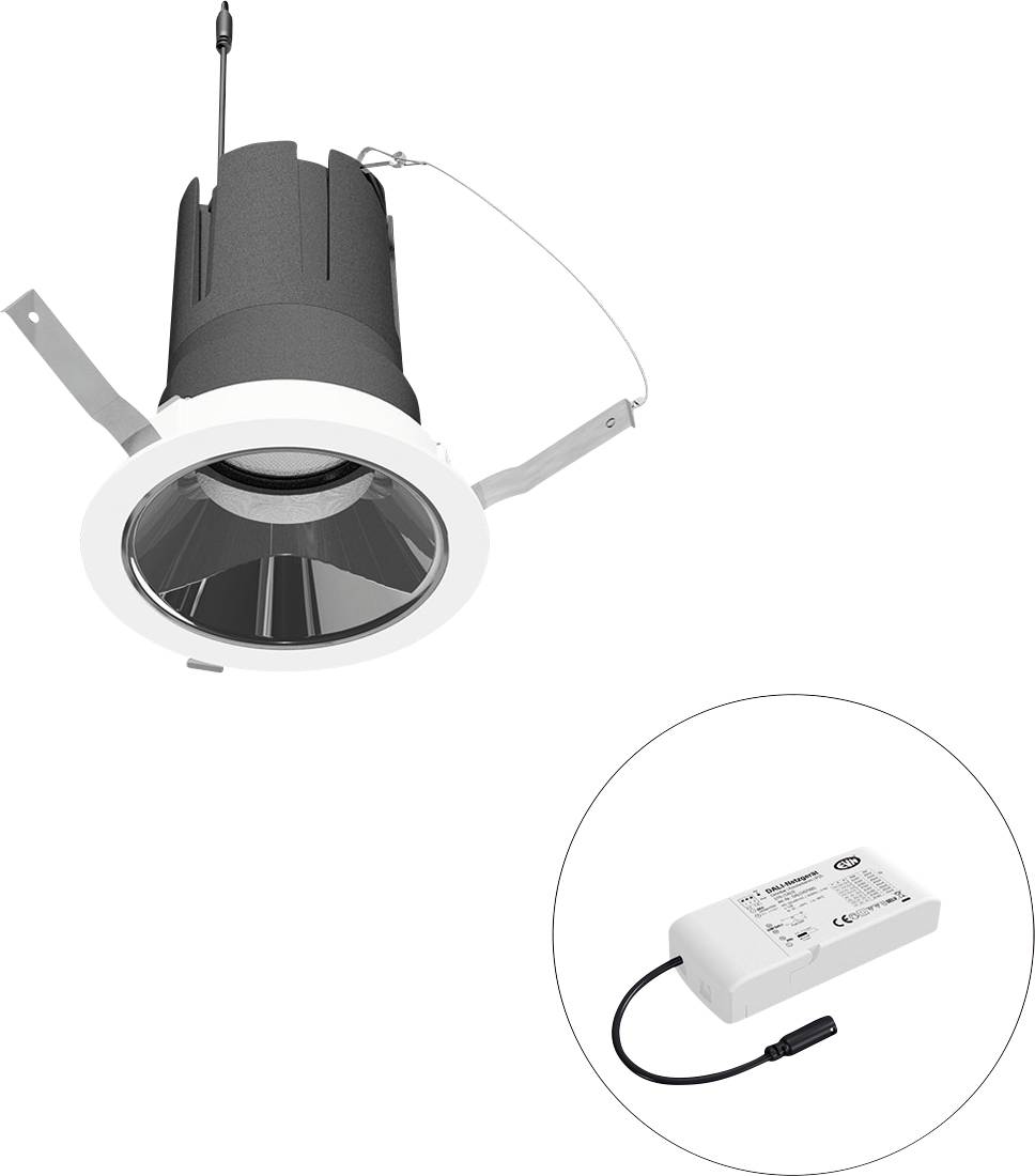 Beleuchtungseinheit bestehend aus einem versenkbaren Einbaustrahler und einem externen Vorschaltgerät, verbunden durch ein Kabel.