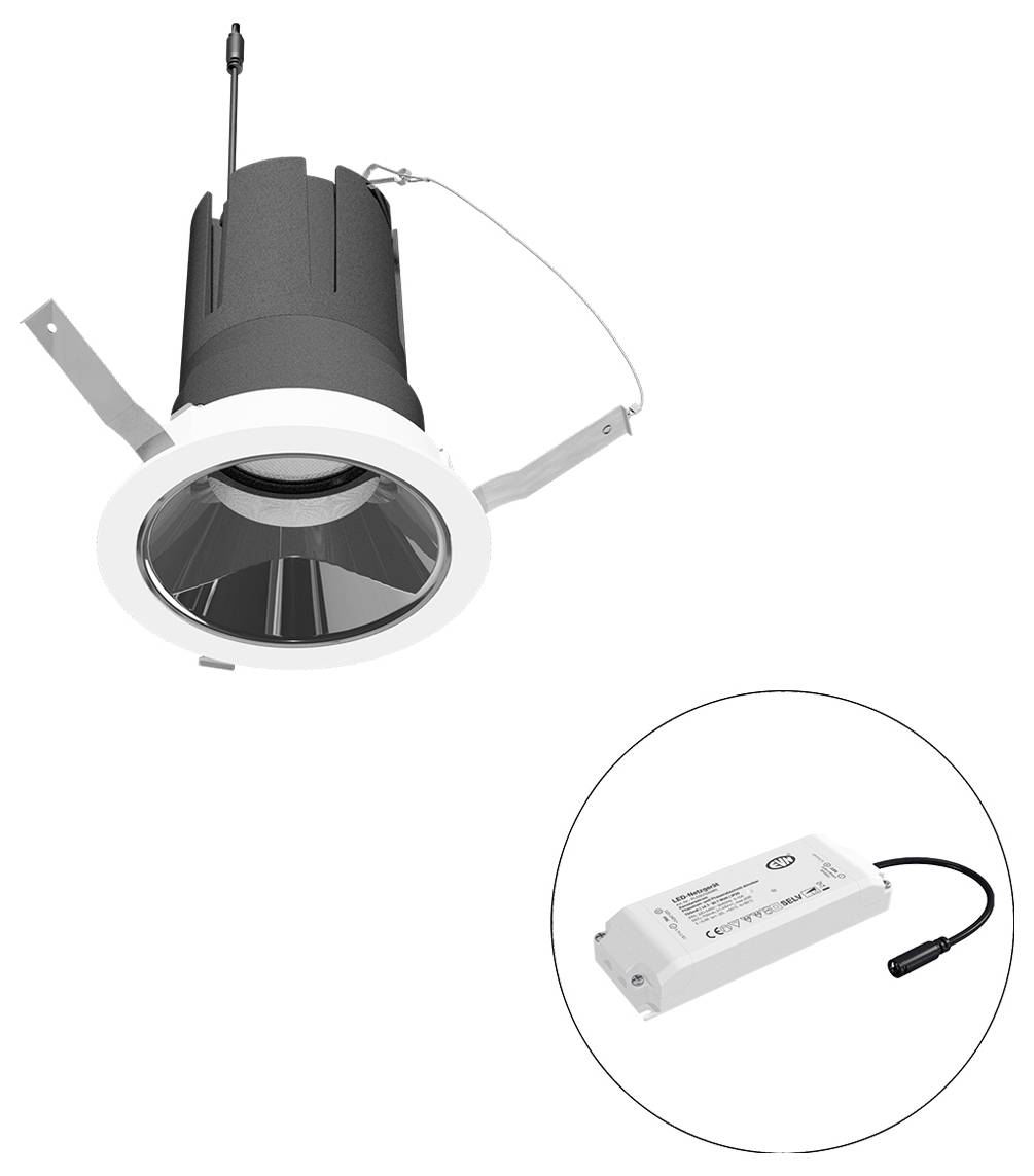 Eingebaute Deckenleuchte mit Federclips und separatem LED-Treiber, dargestellt in einem Ausschnittkreis.