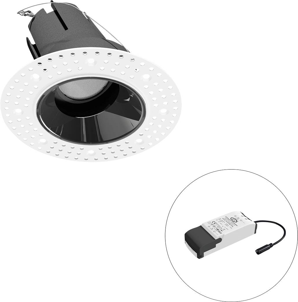 Eingebaute LED-Einbauleuchte mit perforiertem weißem Rand und schwarzem Inneren, sowie ein separates Vorschaltgerät/Netzteil, das in einer kreisförmigen Ausschnittdarstellung gezeigt wird.