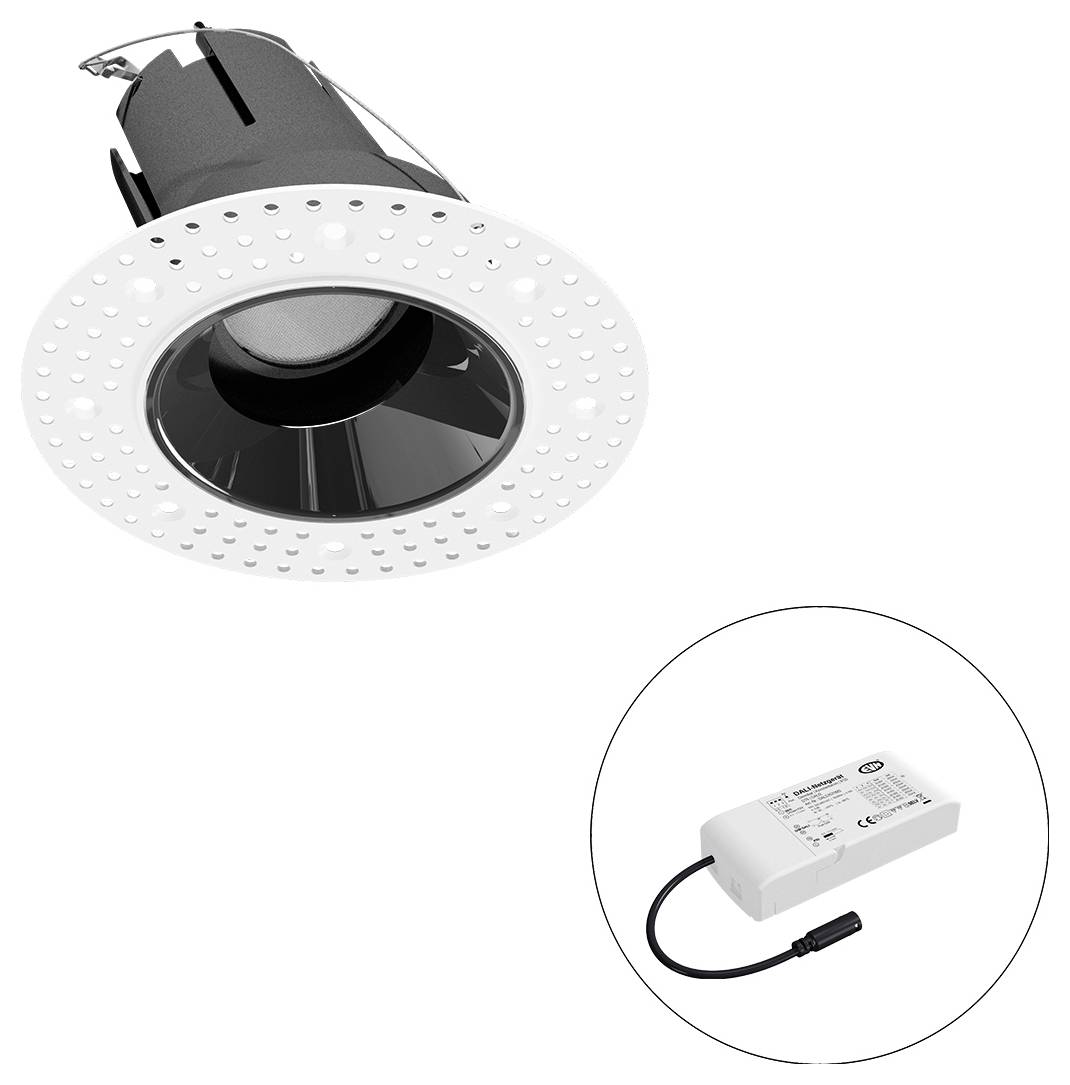 Eingelassene LED-Einbauleuchte mit weißem Rand und schwarzem Gehäuse, plus ein separater rechteckiger LED-Treiber, der in einem Einsatzkreis dargestellt ist.