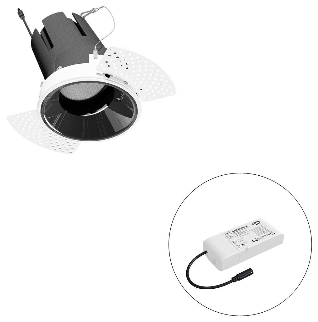 Eingebauter Downlight mit verstellbarem weißem Rahmen und schwarzem Gehäuse, abgebildet mit separatem Treiber in einem kreisförmigen Ausschnitt.
