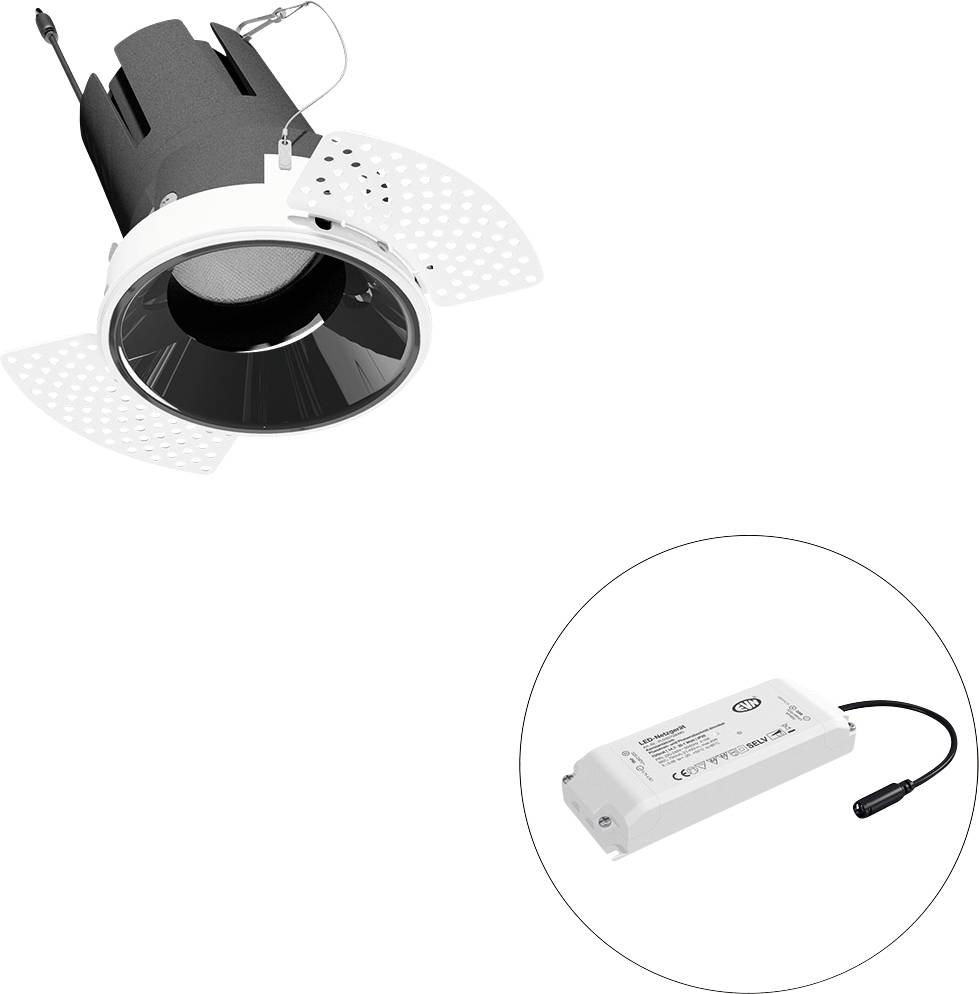 Eingelassener Deckeneinbaustrahler mit verstellbarem weißem Rahmen und separatem LED-Treibermodul (in der Bildausschnittszeige dargestellt).