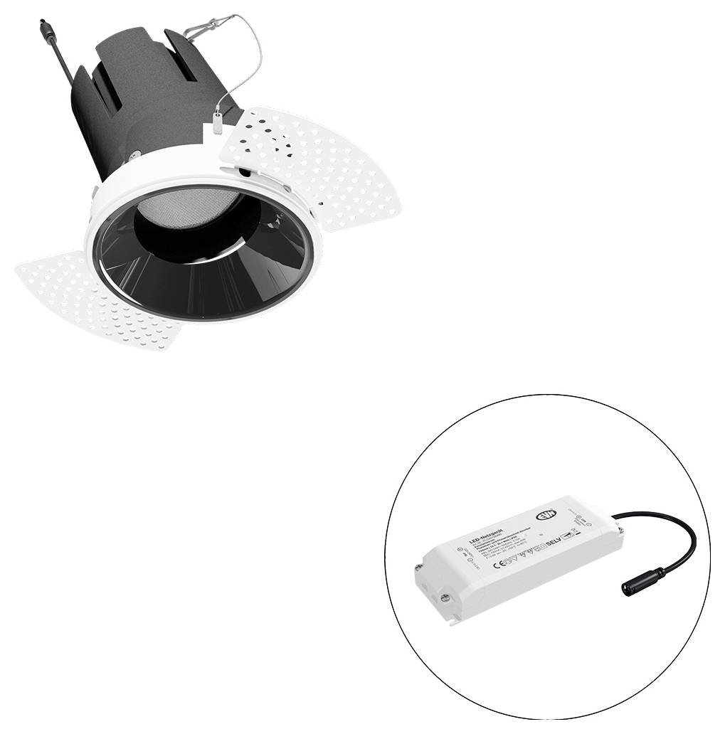 Eingelassene Deckenleuchte mit verstellbaren Federklemmen, plus separate LED-Treibernetzteil, dargestellt in einem Kreis.