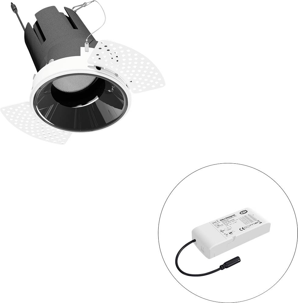 Eingebauter LED-Einbauleuchte mit verstellbarem weißem Blende und angebautem Treiber, wie im Ausschnitt dargestellt.