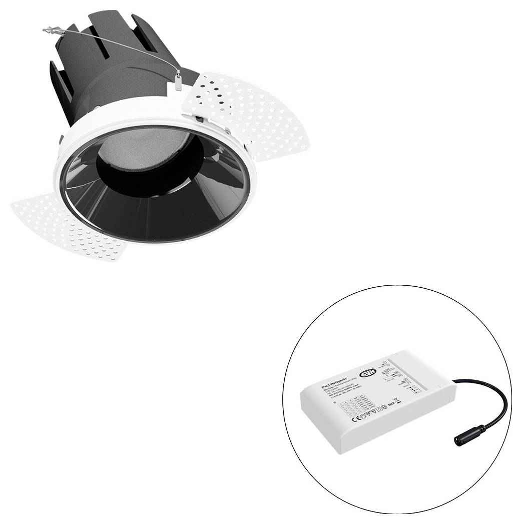 Eingebaute LED-Deckenleuchte mit verstellbarem weißem Rahmen, dargestellt mit separatem rechteckigem Treibermodul, das durch ein Kabel verbunden ist.