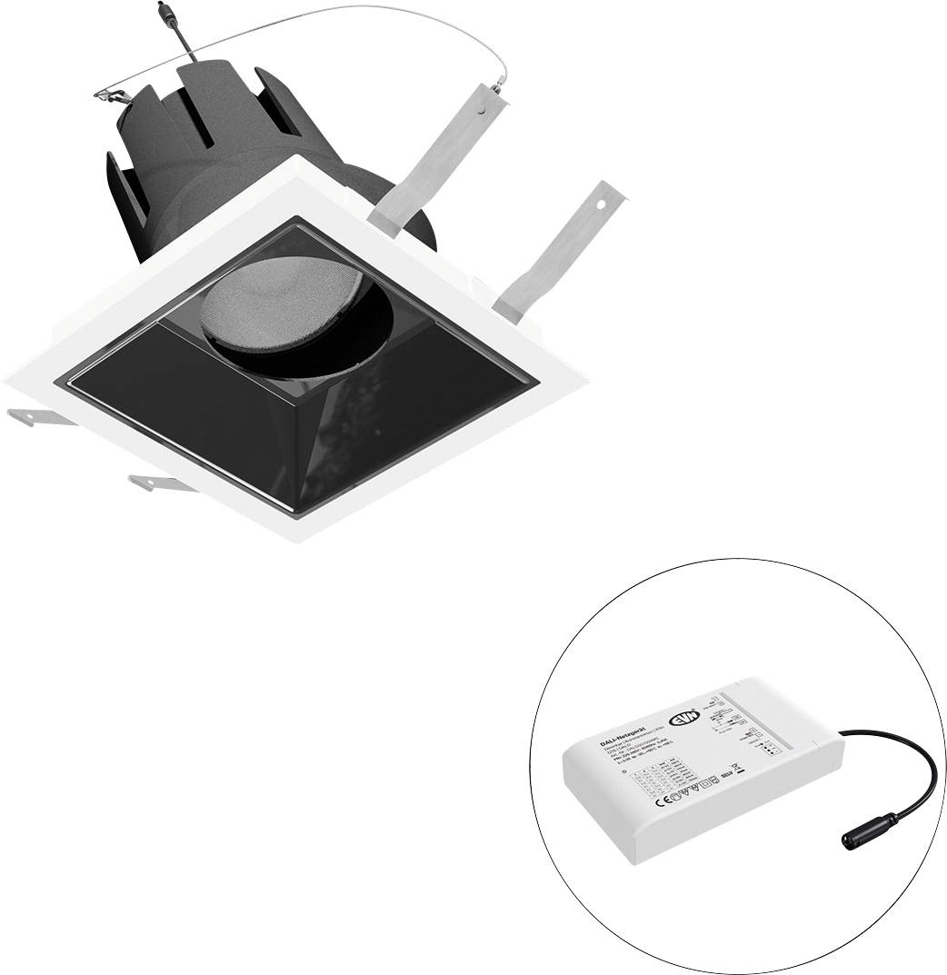 Eingebautes quadratisches LED-Einbauleuchte mit separatem weißen Treiber, gezeigt in einem eingefügten Kreis.