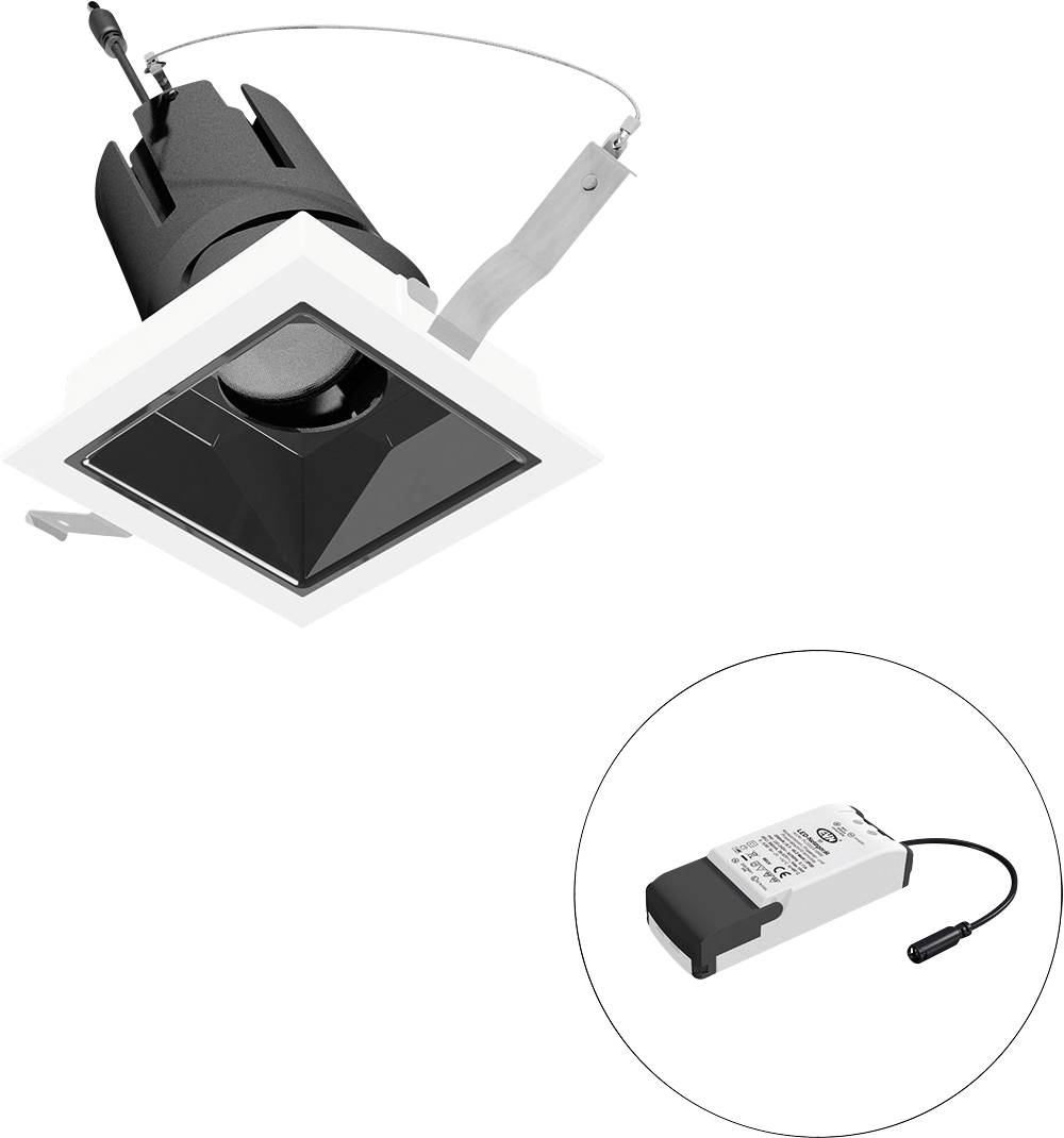 Eingelassene quadratische LED-Einbauleuchte mit verstellbaren Federclips, dargestellt mit externem Treibermodul in einem eingefügten Kreis.