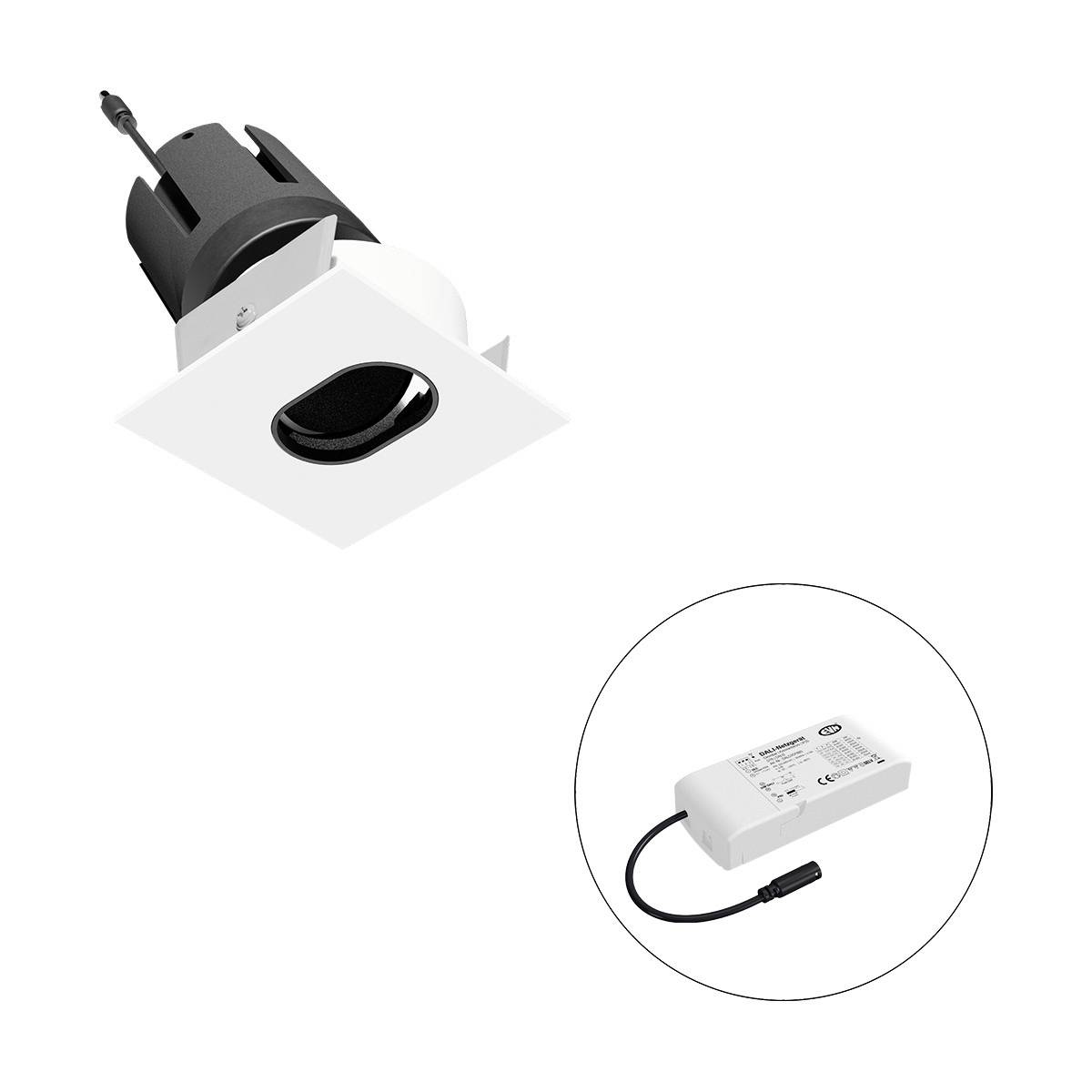 Einbau-LED-Licht mit eckigem Design und schwarzer, ovaler Öffnung. Enthält ein separates elektrisches Modul mit Kabelanschluss.
