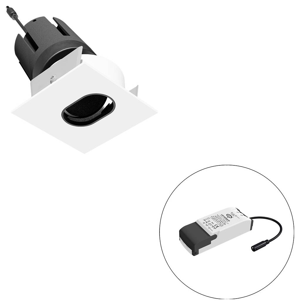 Bündig eingelassenes quadratisches Deckenleuchtengehäuse mit separatem LED-Treiber in einer kreisförmigen Vergrößerung dargestellt.