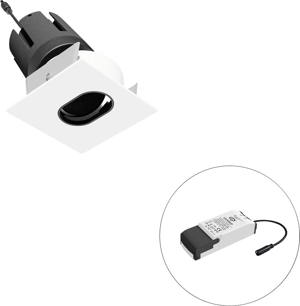 Eingebaute quadratische Deckenleuchte mit einem kleinen Treiber-/Stromversorgungsmodul, das in einem Kreis eingearbeitet dargestellt ist.