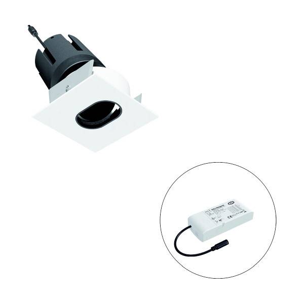 Einbau-LED-Strahler und LED-Treiber nebeneinander dargestellt. Der Strahler hat eine rechteckige weiße Oberfläche und ein schwarzes Innengehäuse.