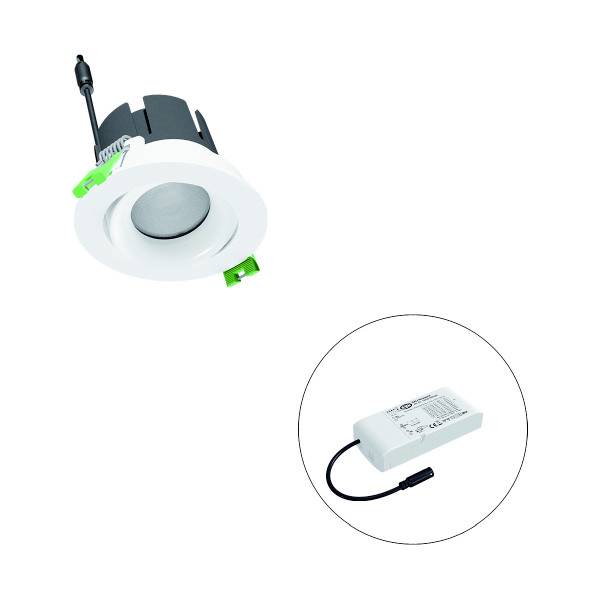 Ein LED-Downlight und ein Netzteil. Das Downlight ist rund, weiß und für den Einbau geeignet. Das Netzteil hat ein schwarzes Kabel.