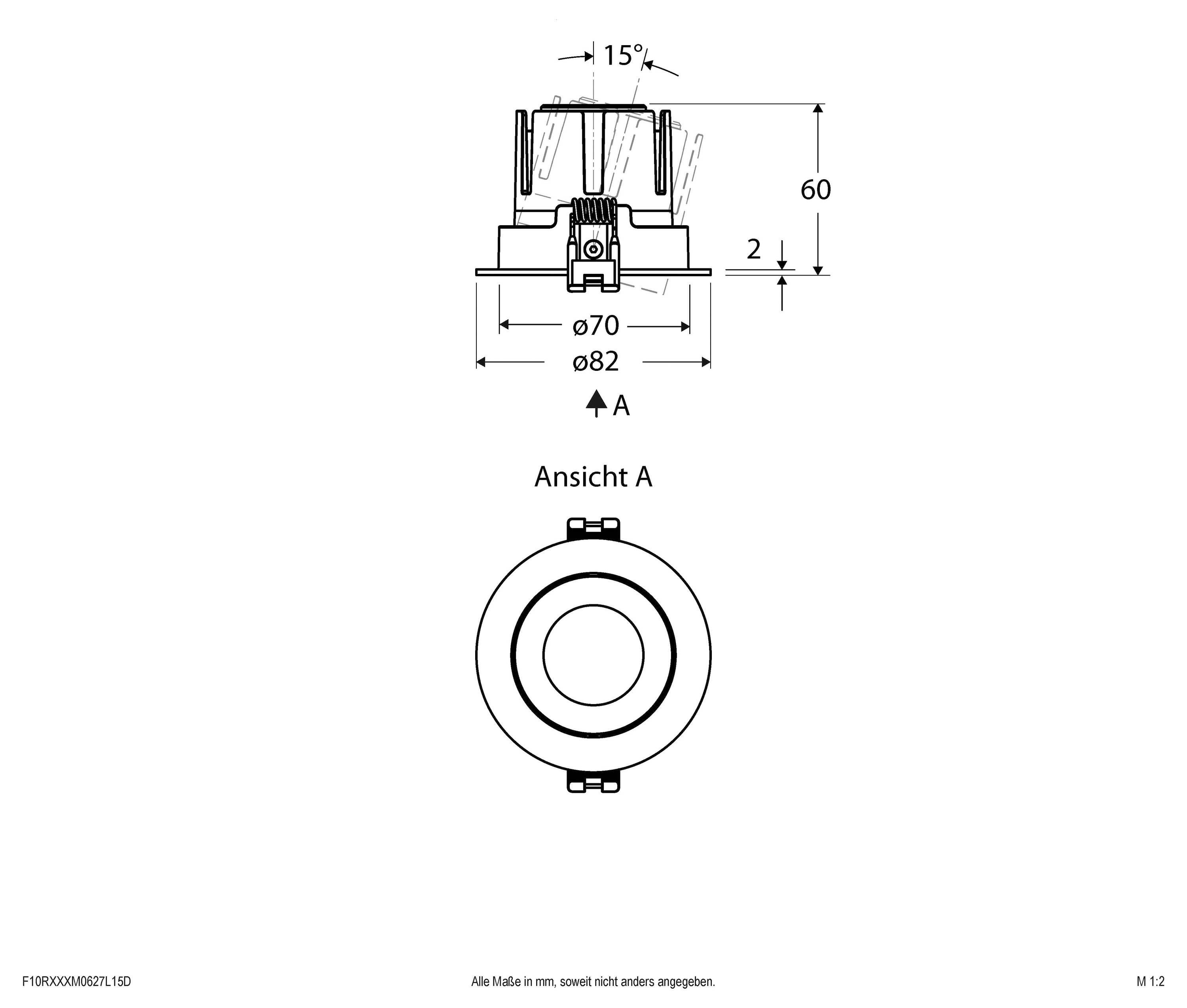 Technische Zeichnung eines kreisförmigen Teils mit Seiten- und Vorderansicht und Abmessungen: 15° Spitzenwinkel, 60 Höhe, 70 und 82 Durchmesser, und Ansicht A mit der Bezeichnung „Ansicht A