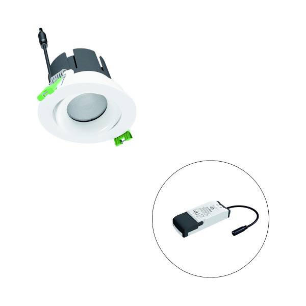 LED-Einbaustrahler mit rundem weißen Rahmen und Netzteil, geeignet für Deckenmontage in Innenräumen.
