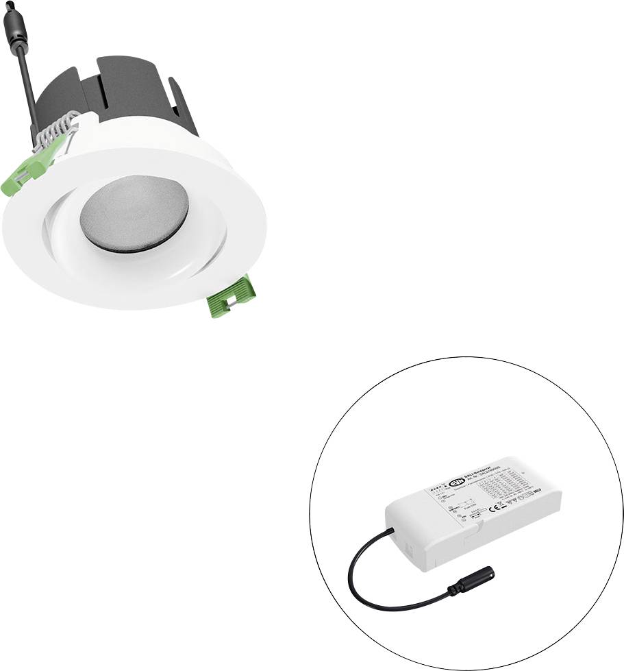 Weiße eingebaute LED-Deckenleuchte mit grünen Federklemmen, plus separates Treibernetzteil in einer kreisförmigen Einfassung gezeigt.