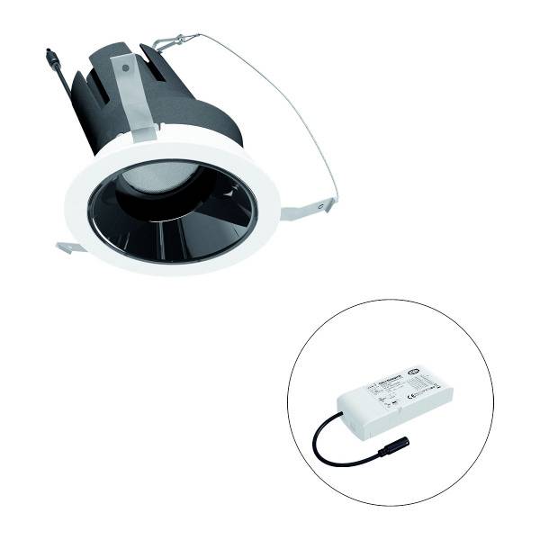Einbaustrahler in Schwarz-Weiß-Optik mit herausstehenden Klemmen und einem separaten, weißen Anschlussmodul mit Kabel.
