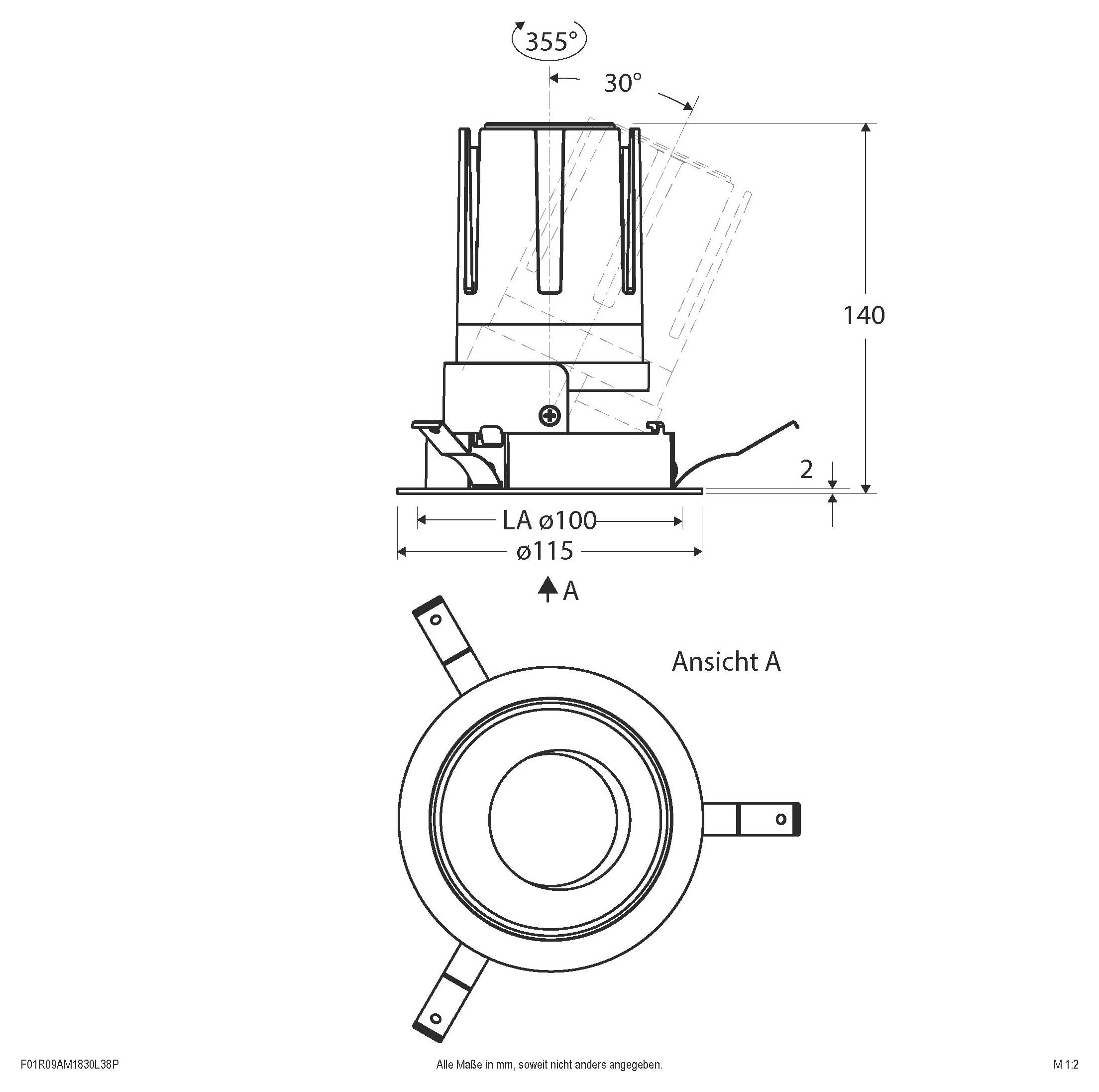 Technische Zeichnung eines kreisförmigen mechanischen Bauteils mit Draufsicht und Vorderansicht, mit den Maßen 355°, 30°, 140, Ø100 und Ø115, gekennzeichnet als 'Ansicht A'.
